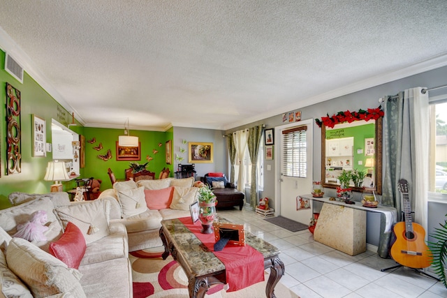 living room with ornamental molding, light tile floors, a textured ceiling, and a wealth of natural light