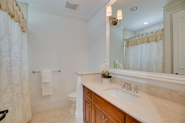 bathroom featuring a notable chandelier, toilet, vanity, and tile flooring