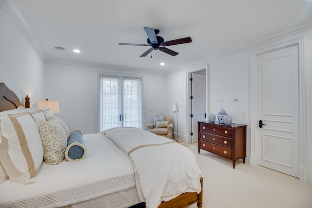 bedroom with light carpet, access to outside, crown molding, and ceiling fan