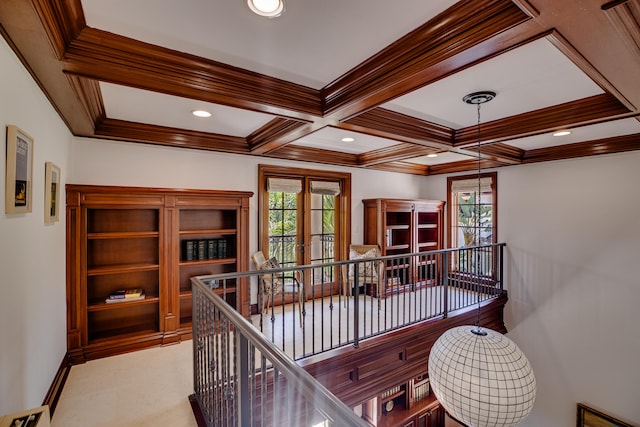 office featuring crown molding, french doors, beam ceiling, and coffered ceiling