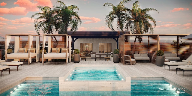 pool at dusk with an outdoor living space and a hot tub