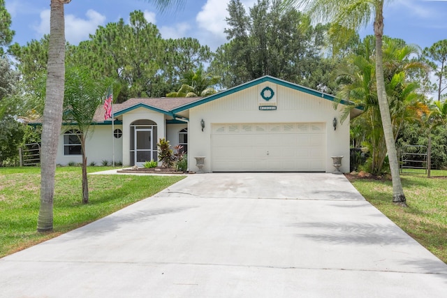 ranch-style home featuring a garage and a front lawn