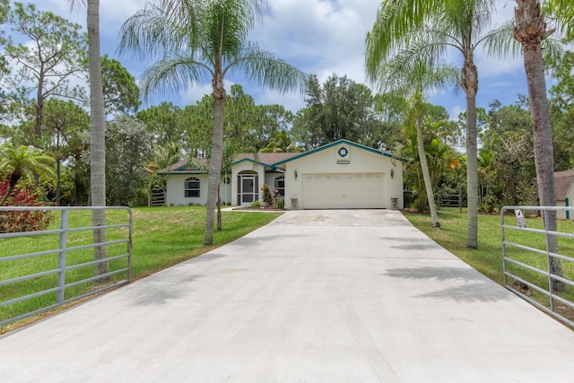 view of front of home featuring a front yard and a garage