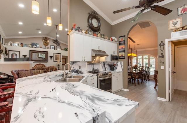 2559 Palm Deer Dr, Loxahatchee, FL 33470 - kitchen featuring stainless steel appliances, a sink, arched walkways, under cabinet range hood, and a ceiling fan