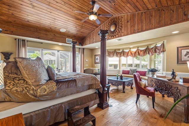 bedroom with multiple windows, ceiling fan, light hardwood / wood-style flooring, and wood ceiling