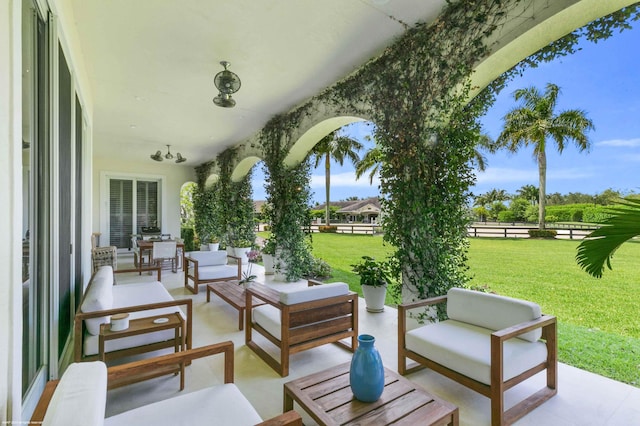 view of terrace featuring an outdoor living space