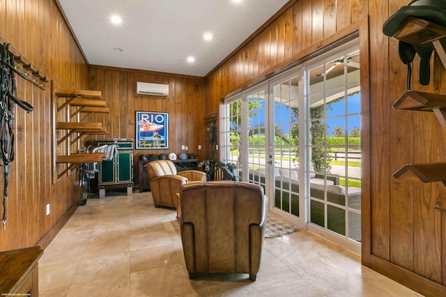 tiled home office with crown molding, french doors, wood walls, and an AC wall unit