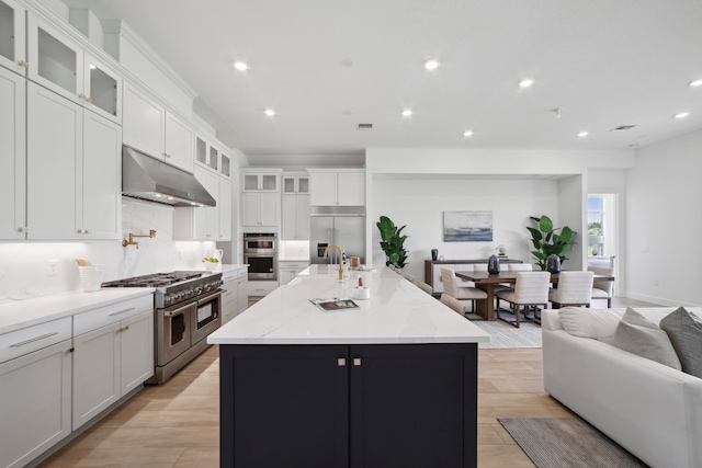 kitchen featuring backsplash, light wood-type flooring, high end appliances, and white cabinetry