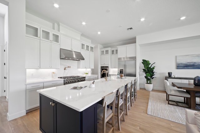 kitchen with white cabinets, light hardwood / wood-style floors, premium appliances, and a spacious island