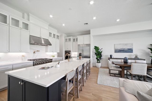 kitchen with light hardwood / wood-style floors, high quality appliances, backsplash, white cabinetry, and a spacious island