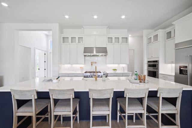 kitchen featuring appliances with stainless steel finishes, dark hardwood / wood-style floors, white cabinets, and a large island