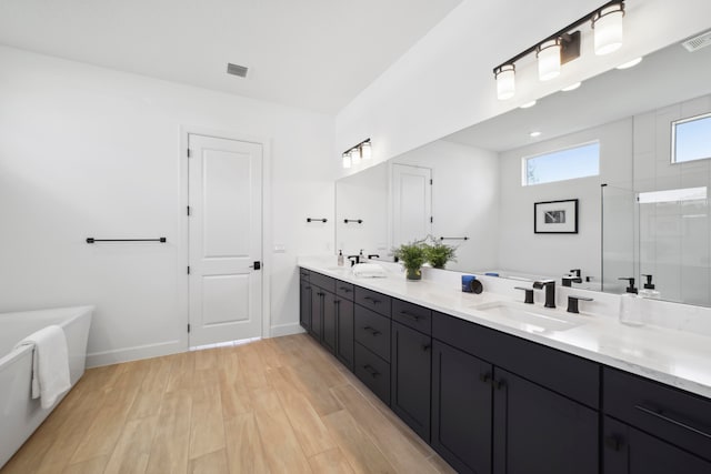 bathroom featuring wood-type flooring, a washtub, and double vanity