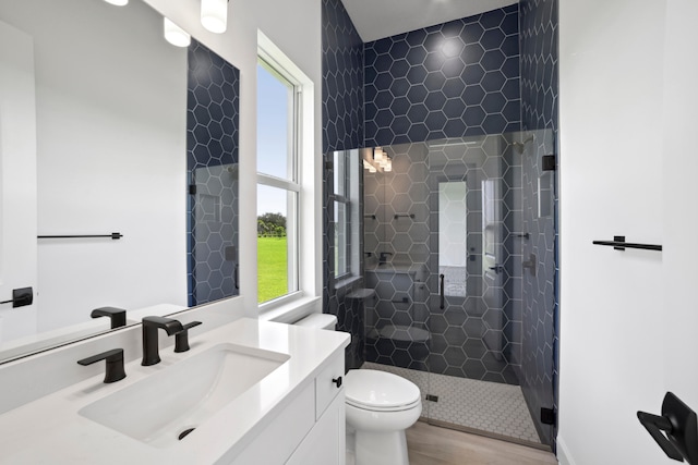 bathroom featuring vanity, a tile shower, and toilet