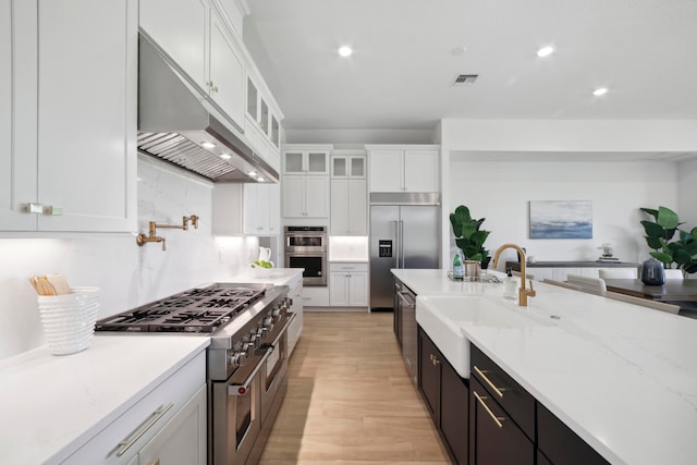 kitchen with light wood-type flooring, premium appliances, white cabinetry, sink, and tasteful backsplash