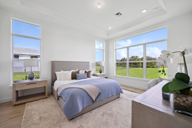 bedroom with light hardwood / wood-style floors and a raised ceiling