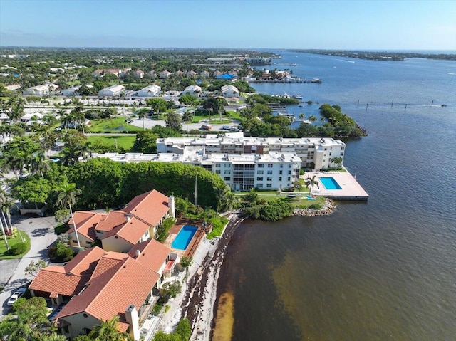 drone / aerial view featuring a water view