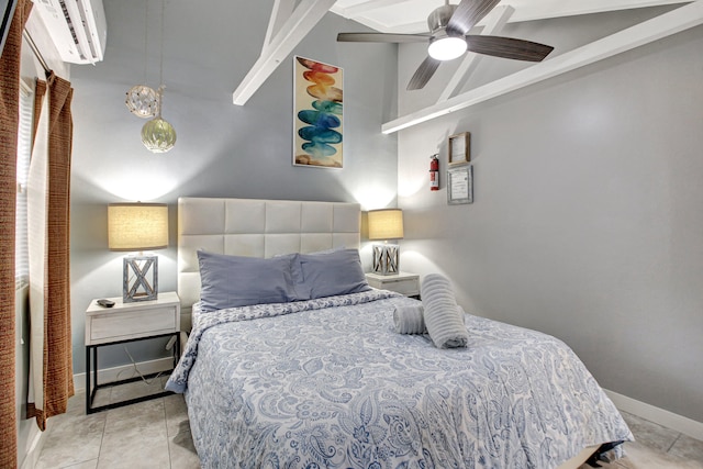 bedroom featuring light tile flooring, an AC wall unit, ceiling fan, and beamed ceiling