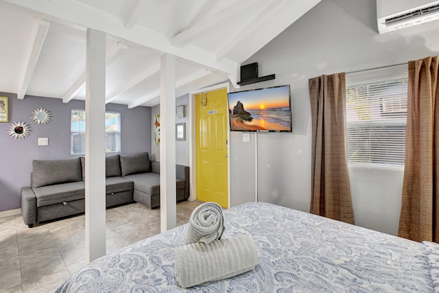 bedroom with light tile floors, multiple windows, and lofted ceiling with beams