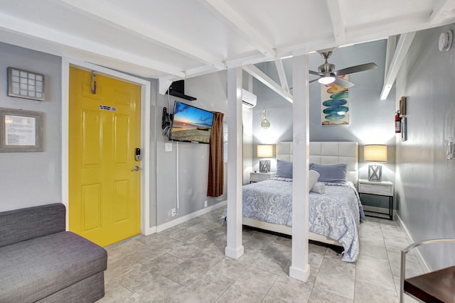 tiled bedroom featuring a wall unit AC, ceiling fan, and beamed ceiling