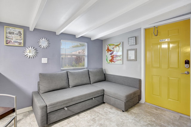 tiled living room with beam ceiling