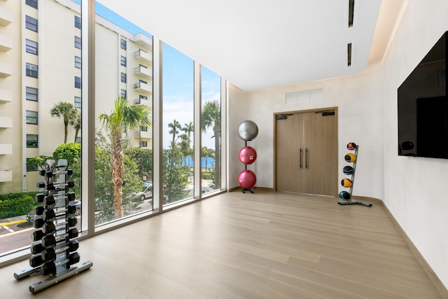 exercise room featuring floor to ceiling windows and light wood-type flooring