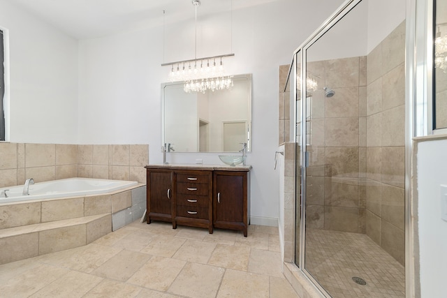 bathroom with vanity, tile flooring, and independent shower and bath