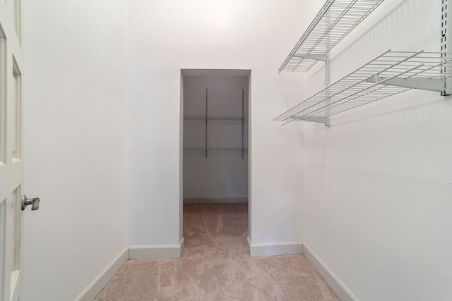 walk in closet with light colored carpet