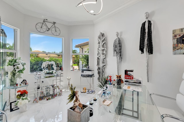 interior space featuring tile flooring and crown molding