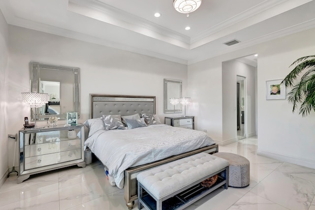 bedroom with a raised ceiling, crown molding, and light tile floors