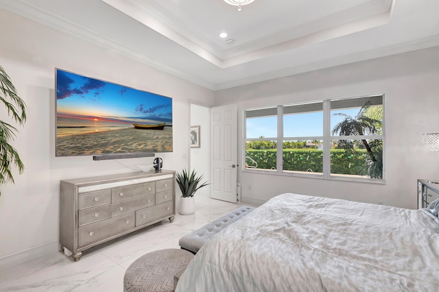 bedroom featuring a tray ceiling, crown molding, and light tile floors