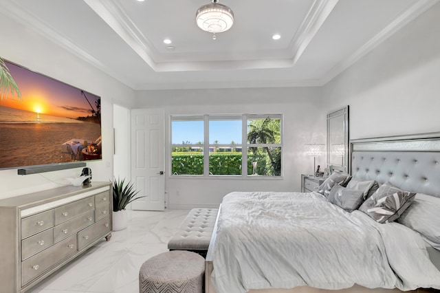 tiled bedroom featuring a raised ceiling and crown molding