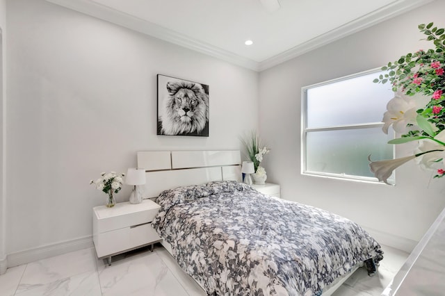 bedroom featuring ornamental molding and light tile flooring