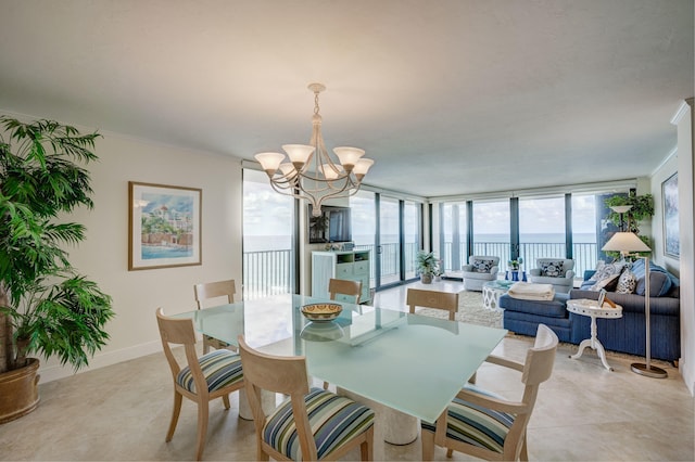 tiled dining area featuring an inviting chandelier, plenty of natural light, expansive windows, and a water view