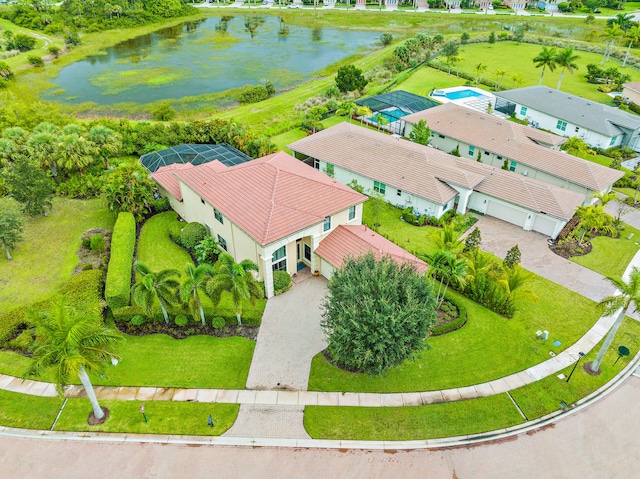 bird's eye view with a water view