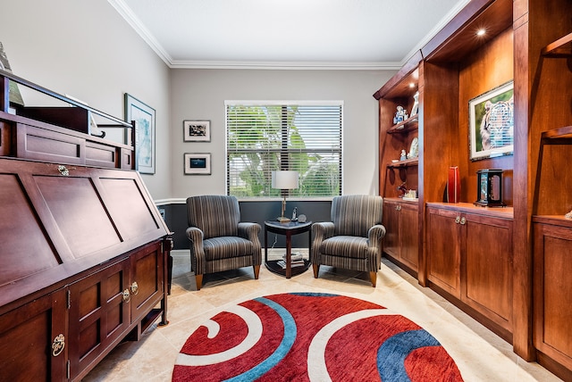 living area with light tile flooring and ornamental molding