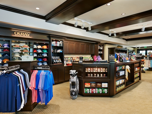 interior space featuring light carpet, rail lighting, crown molding, and dark brown cabinetry