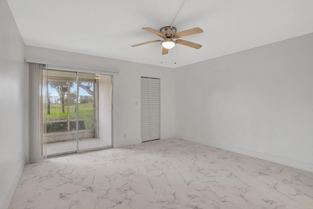 unfurnished bedroom featuring light tile flooring, ceiling fan, and access to outside