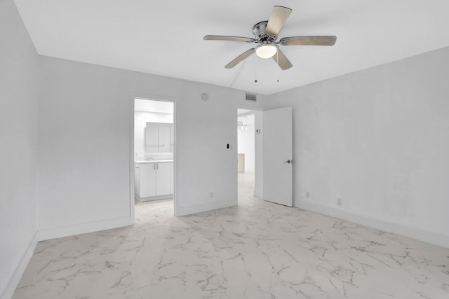 unfurnished bedroom with ceiling fan and light tile floors