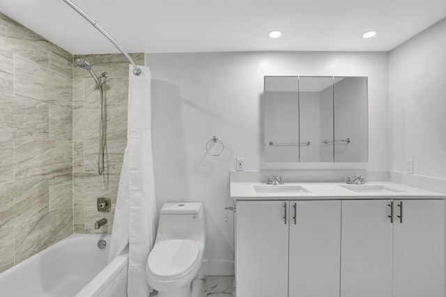 full bathroom featuring toilet, shower / tub combo, and dual bowl vanity