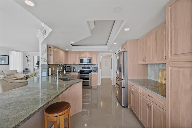 kitchen with backsplash, appliances with stainless steel finishes, sink, dark stone counters, and a raised ceiling