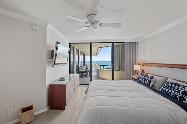 tiled bedroom with a water view, ceiling fan, access to outside, and crown molding