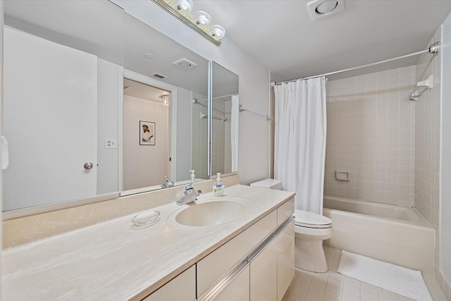 full bathroom with tile flooring, large vanity, toilet, and shower / bathtub combination with curtain