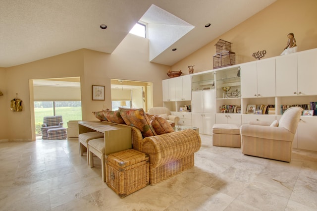 living room featuring high vaulted ceiling