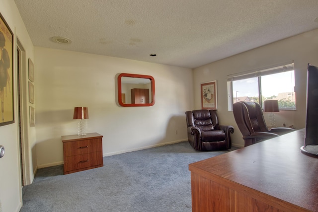 office featuring light colored carpet and a textured ceiling