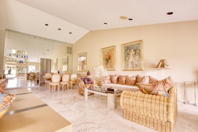 living room featuring vaulted ceiling