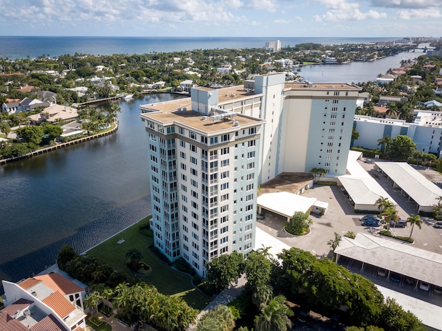 drone / aerial view with a water view