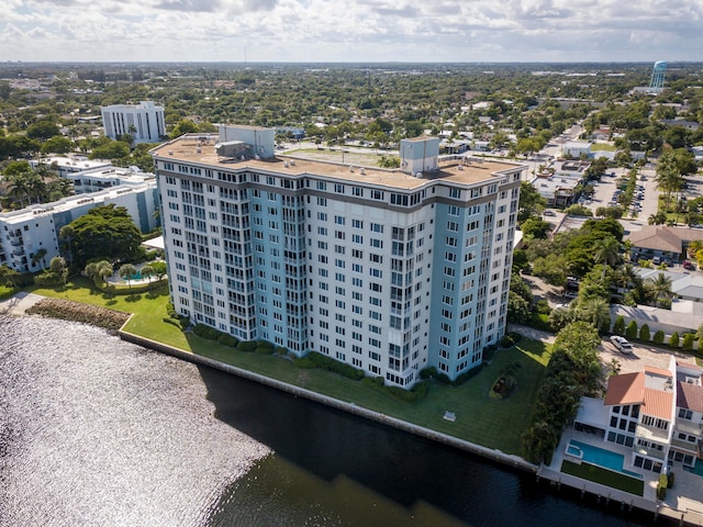 birds eye view of property featuring a water view