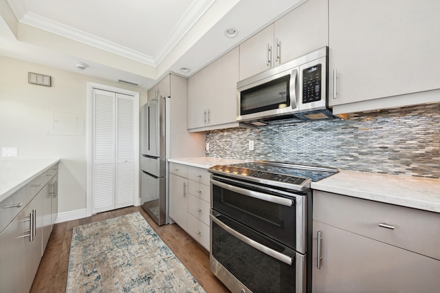 kitchen with a tray ceiling, tasteful backsplash, light hardwood / wood-style flooring, and appliances with stainless steel finishes