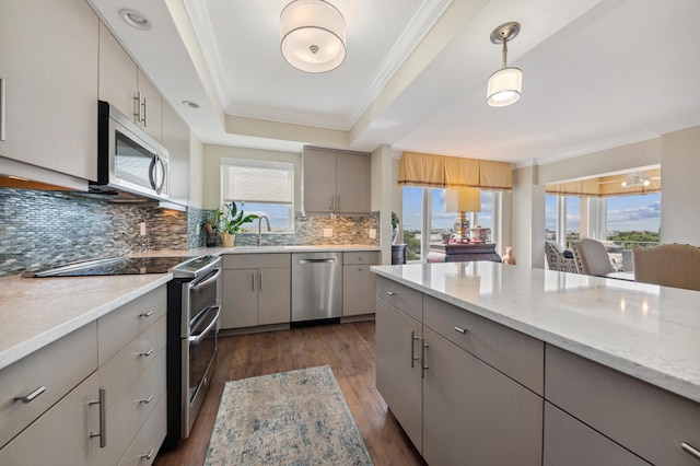 kitchen with dark hardwood / wood-style floors, gray cabinetry, hanging light fixtures, stainless steel appliances, and tasteful backsplash