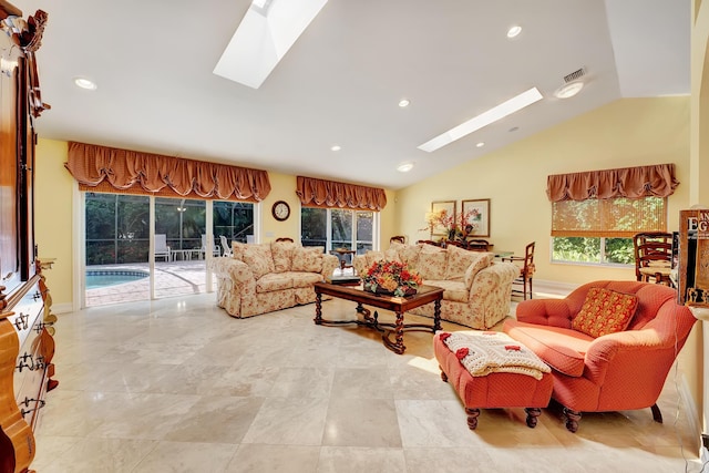 4590 Live Oak Blvd, Delray Beach, FL 33445 - living room featuring plenty of natural light, recessed lighting, and vaulted ceiling with skylight